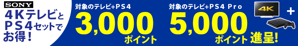 テレビとPS4をセットでご購入すると、通常ポイントに加えてさらに!最大5,000ポイント進呈!!