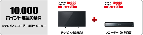 10,000ポイント進呈の条件。※テレビとレコーダーは同一メーカー