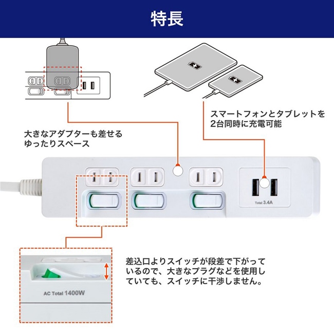 個別スイッチ付き 電源タップ(AC3個口＋USB2ポート、2m