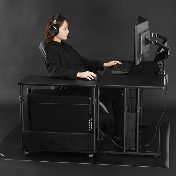 バウヒュッテ 昇降式L字デスク ワゴン とデスクマット ミドルタワーPC格納可の昇降式L字デスクが発売。PCをワゴンに