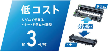 分離型トナー&ドラムで低コスト