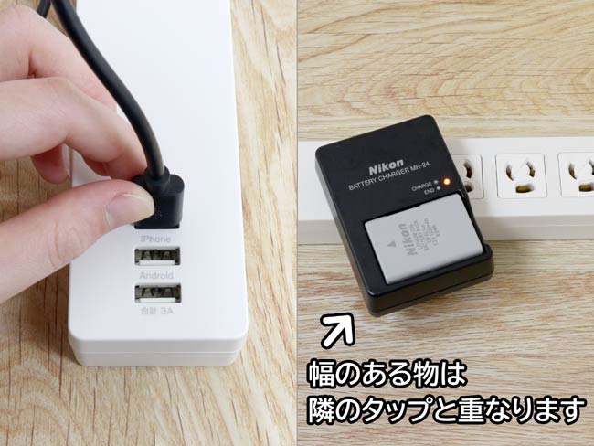 USB充電ポートが3つ、3極タイプの差し込み口が4つ搭載