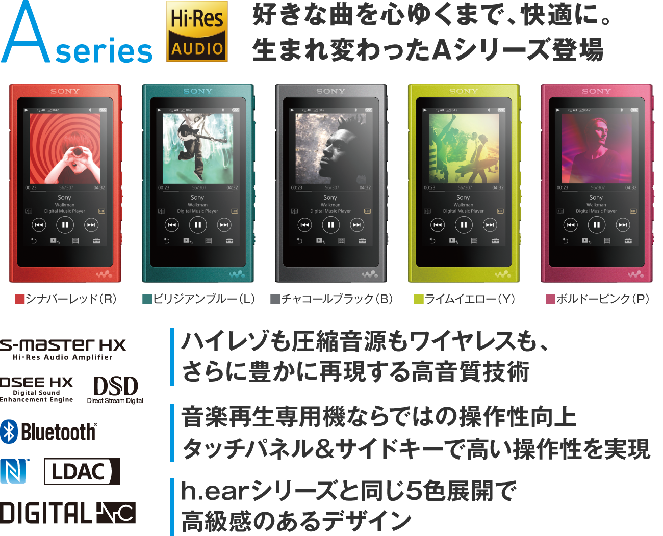 Aseries 好きな曲を心ゆくまで、快適に。生まれ変わったAシリーズ登場 カラー：■ボルドーピンク（P）■ライムイエロー（Y）■チャコールブラック（B）■ビリジアンブルー（L）■シナバーレッド（R）／ハイレゾも圧縮音源もワイヤレスも、さらに豊かに再現する高音質技術／音楽再生専用機ならではの操作性向上タッチパネル&サイドキーで高い操作性を実現／h.earシリーズと同じ5色展開で高級感のあるデザイン