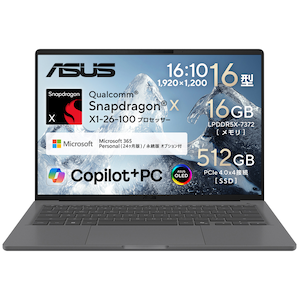ASUS�b�G�C�X�[�X�b�m�[�g�p�\�R�� ASUS Zenbook SORA 16(16�^/OLED/Windows11/Snapdragon X/������ 16GB/SSD 512GB/Office)�A�C�X�����h�O���[�bUX3607QA-PU16570GRS