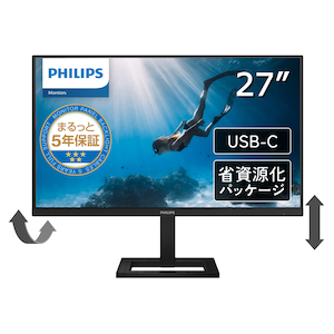 Philips｜フィリップス｜液晶ディスプレイ(27型/IPS/4K UHD 3840×2160/60Hz/1ms/HDR10/HDMI2.0/USB Type-C/VESA/5年保証)(ブラック)｜27E1N1900AE/11