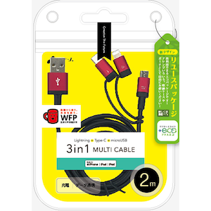 �G�A�[�W�F�C�b�y+ECO�z3IN1�}���`�P�[�u��(MICRO+TYPE-C+LIGHTNING) 2m�i���b�h�j�bUKJ-ELMC2MRD