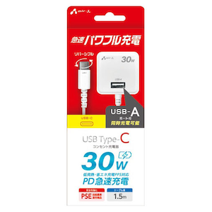 �G�A�[�W�F�C�bPD30W�Ή� USB 1�|�[�g Type-C���tAC�[�d��i1.5m�E�z���C�g�j�bAKJ-PD30UWH