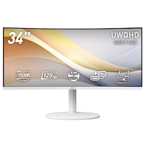 MSI｜エムエスアイ｜液晶ディスプレイ(34型/曲面型/VA/UWQHD 3440×1440/120Hz/1ms/HDR/HDMI2.0b/DP1.4a/USB TYPE-C/VESA/PIP・PBP対応/3年保証)(ホワイト)｜Modern MD342CQPW