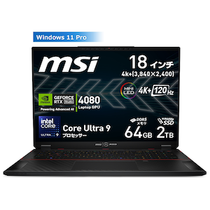 MSIbyʌzQ[~Om[gp\R STEALTH18AMGA1i18^/Windows 11 Pro/ Core Ultra 9/@64GB/SSD 2TB/NVIDIA GeForce RTX 4080/pŃL[{[hj~bhiCgubNbStealth-18-MercedesAMG-A1VHG-065JP