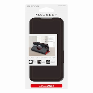 �G���R���biPhone 16e�p �P�[�X ���U�[ �J�o�[ �蒠�^ �}�O�l�b�g �t���b�v �Ռ��z�� ���͋z�����C�����X�[�d�Ή� �X�^���h�@�\�t �J�[�h�P�[�X�@�\�t MAGKEEP�i�u���b�N�j�bPM-A25SPLFMGBK
