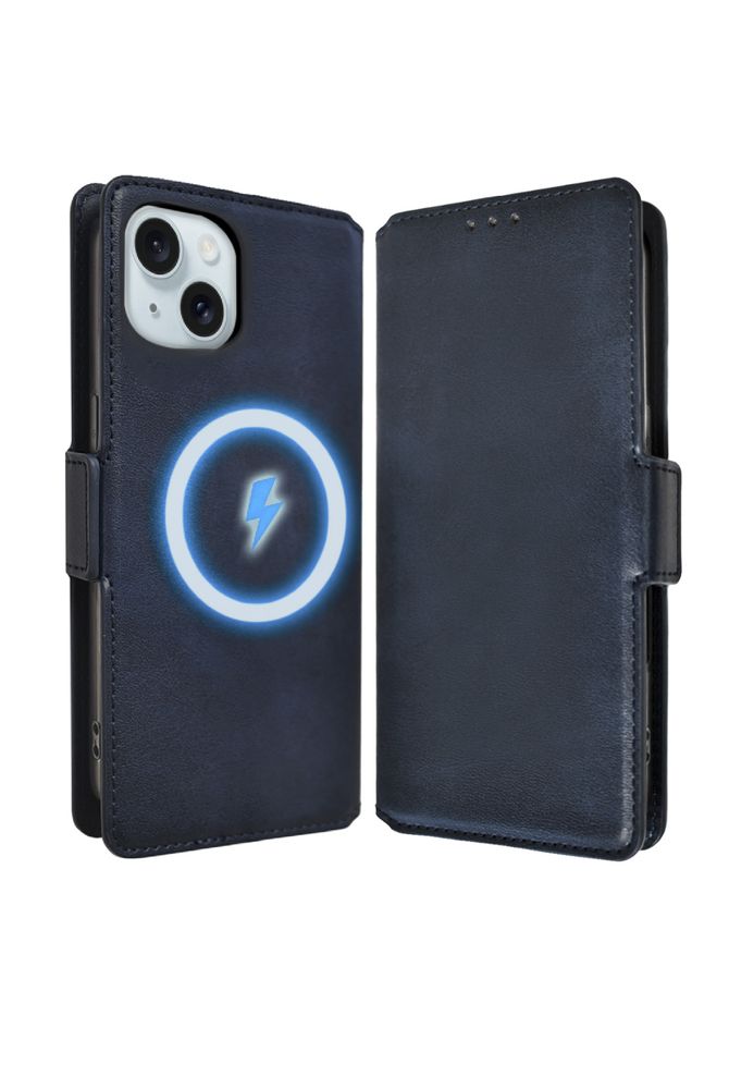 CYRILL レザーケース ブルー TPU ケース iPhone6.7 ブルー iPhone15用 手帳型 ケース カバー 本革調 レザーケース MagSafe