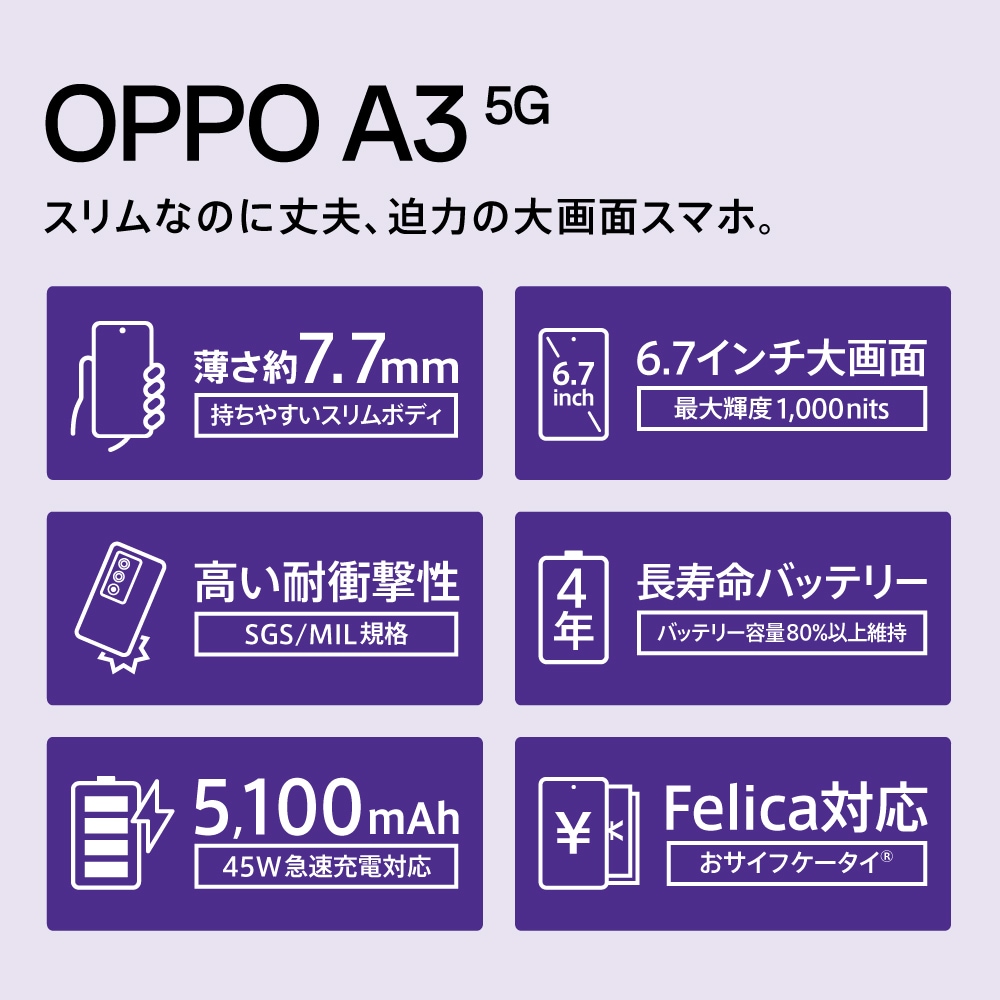 特典付き】OPPO A3 5G(4GB/128GB) - ブラック(SIMフリー版 特典付き】OPPO A3 5G(4GB/128GB) - ブラック(SIMフリー版