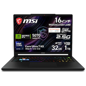 MSI�b�G���G�X�A�C�b�Q�[�~���O�m�[�g�p�\�R�� Raider 16 HX B2W(16�^/Windows11/Ultra 7 251HX/������ 32GB/SSD 1TB/GeForce RTX 5070)�R�A�u���b�N�bRaider-16-HX-B2WGX-2669JP