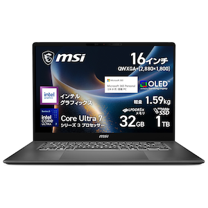 MSI�b�G���G�X�A�C�b�m�[�g�p�\�R�� Prestige 16 AI+ C3M�i16�^/Core Ultra 7 355/������ 32GB/SSD 1TB/OLED/Office�j�v���`�i�O���C�bPrestige-16-AI+C3MG-2609JP