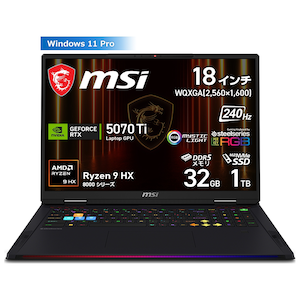 MSI�b�G���G�X�A�C�b�Q�[�~���O�m�[�g�p�\�R�� Raider A18 HX A8W(18�^/Windows11/Ryzen 9 8940HX/������ 32GB/SSD 1TB/GeForce RTX 5070 Ti)�R�A�u���b�N�bRaider-A18-HX-A8WHG-2640JP