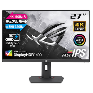 ASUS｜エイスース｜ゲーミング液晶ディスプレイ(27型/Fast IPS/4K UHD 3840x2160/FHD320Hz・4K160Hz/1ms/HDR400/HDMI2.1/DP1.4/USB Type-C/VESA/3年保証)(ブラック)｜XG27UCG