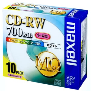 マクセル｜データ用4倍速対応CD-RW 10枚パック 700MB ホワイトプリンタブル｜CDRW80PW.S1P10S