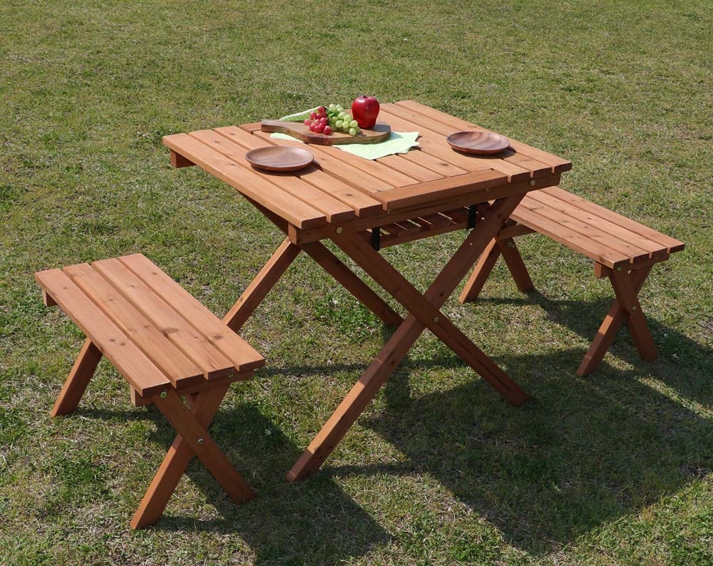 杉材BBQテーフ゛ル＆ヘ゛ンチセット ミニ コンロスヘ°ース付