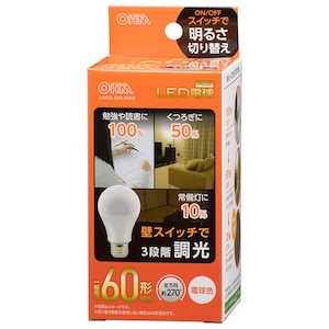 オーム｜LED電球　一般電球　60形相当　3段階調光　電球色｜LDA7L-G/D AG93
