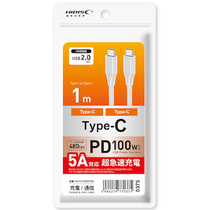 HIDISC�b�[�d/�f�[�^�]���Ή� USB2.0 Type-C to Type-C �P�[�u�� 5A�Ή� 1m�i�z���C�g�j�bHD-TCC100201WH