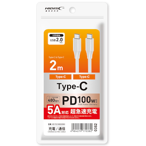 HIDISC�b�[�d/�f�[�^�]���Ή� USB2.0 Type-C to Type-C �P�[�u�� 5A�Ή� 2m�i�z���C�g�j�bHD-TCC100202WH