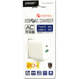 HIDISC｜USB PD・QC対応 Type-C/A AC充電器 (20W)｜ML-PDUS2P20WH