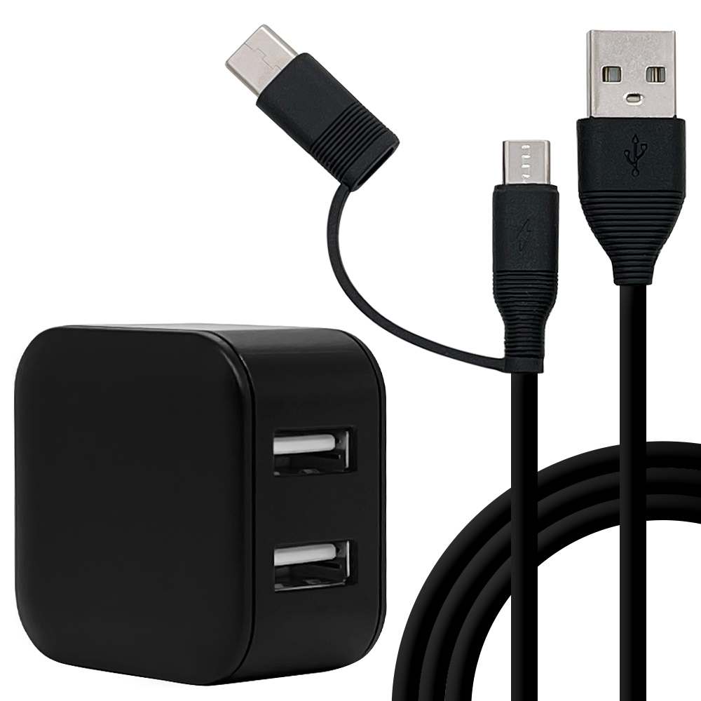 USB2ポート AC充電器 +TYPE-C変換付mICROUSBケーブル 1.5m 計2.4